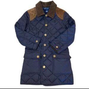 Navy Quilted Kids Coat with Brown Accents